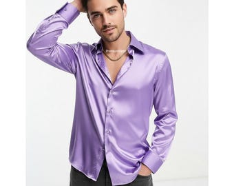 Men's Lavender Satin Silk Shirt: Slim Fit Luxury Party, Wedding, Club Wear