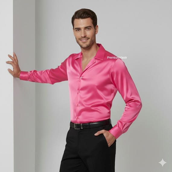 hot pink dress shirts for men Men's Satin Shirt, Luxury Button up Shirt, Formal Dress, Long Sleeve Silk Style SALE DRESS