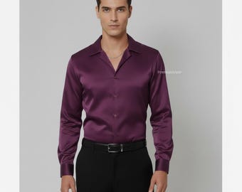 Purple Satin Luxe Men’s Shirt | Silk-Feel Party Wear | Elegant Open-Collar Dress Shirt