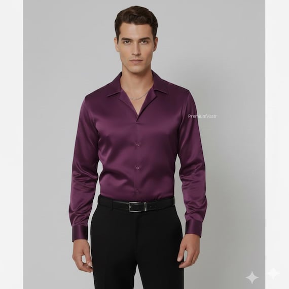 mens purple silk dress shirt Purple Silk Dress Shirt Men Summer Short Sleeve Smooth Satin Shirts Mens Busienss Casual Club Party Chemise Homme 240818