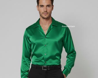 Green Satin Luxe Men’s Shirt | Silk-Feel Party Wear | Elegant Open-Collar Dress Shirt