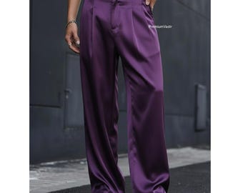 Pantalones anchos de satén morado de lujo para hombre / Pantalón recto de alto brillo / Personalizado