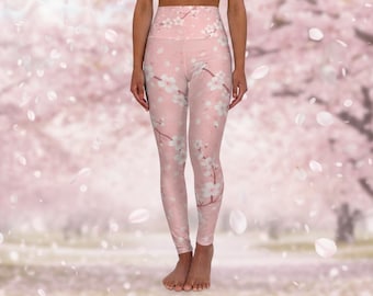 Leggings de yoga de cintura alta con estampado floral de flor de cerezo / Estampado de sakura rosa