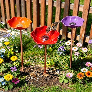 Könnte beinhalten: Drei blumenförmige Vogelfutterstellen auf kupferfarbenen Metallstäben. Die Futterstellen sind orange, rot und violett und verfügen jeweils über ein zentrales Becken mit Vogelfutter. Ein kleiner braun-weißer Vogel sitzt auf der roten Blume.