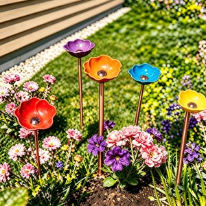 Puede incluir: Cinco estacas de jardín de metal con partes superiores en forma de flor de colores morado, naranja, azul, rojo y amarillo. Cada flor tiene un centro oscuro y está montada sobre un tallo fino y recto de color cobre, colocadas en un jardín.