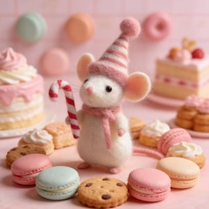 May include: A whimsical felt mouse wearing a pink scarf and hat, holding a candy cane, surrounded by colorful macarons, cookies, and cakes. The scene is set on a pink background, creating a festive and sweet atmosphere.