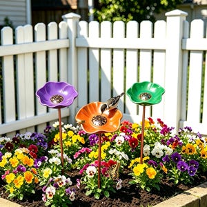 Può includere: Tre picchetti decorativi da giardino a forma di fiori viola, arancioni e verdi, montati su sottili aste metalliche color rame. Un piccolo uccello è appollaiato sul bordo del fiore arancione, mentre un'ape riposa al centro del fiore.