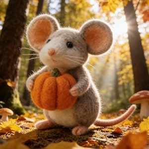 Puede incluir: Un encantador ratón de fieltro sostiene una pequeña calabaza naranja en un bosque soleado. El ratón tiene orejas grandes y redondas y una larga cola. El fondo presenta hojas de otoño y setas, creando una escena otoñal caprichosa.