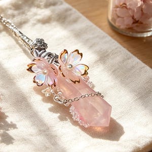 Könnte beinhalten: Ein Anhänger mit einer facettierten, hellrosa Quarzkristallspitze, verziert mit zwei irisierenden, blassrosa Kirschblüten, die jeweils eine kleine weiße Perle in der Mitte haben, befestigt an einer silberfarbenen Metallkette mit floralen Details.