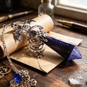 Peut inclure: Un pendentif en métal argenté représentant une figurine de dragon et des engrenages mécaniques, fixé à une pointe de cristal facettée bleu foncé pailleté. Le pendentif est suspendu à une chaîne argentée avec des engrenages et une perle bleue.