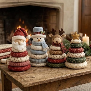 Puede incluir: Cuatro juguetes de tela apilables con forma de personajes navideños: un Santa Claus, un muñeco de nieve, un reno y un árbol de Navidad. Cada figura está formada por anillos superpuestos con diversos patrones textiles en rojo, verde y crema.