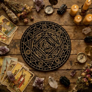 Op de afbeelding: Een zwart en goudkleurig divinatiekleed met geometrische ontwerpen en tekst, omringd door tarotkaarten, kristallen, kaarsen en een kompas op een houten oppervlak. De mat bevat symbolen en woorden die verband houden met astrologie en spiritualiteit.