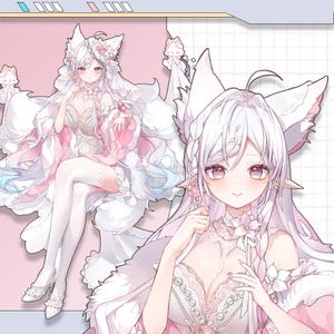 May include: Anime-style illustration of a character with white hair, fox ears, and a floral headpiece. The character wears a white and pink dress with intricate lace details. The background is a soft pink with grid lines.