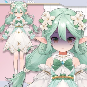 Puede incluir: Ilustración de un personaje con largo cabello verde menta adornado con acentos de flores blancas. El personaje lleva un vestido blanco con detalles verde menta y dorados, un lazo verde y una gema azul. El personaje tiene orejas puntiagudas y ojos grandes.