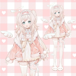 May include: An illustration of a character with light blonde hair and blue eyes, wearing a pink jacket with white fur trim over a white dress. The character has a halo and is surrounded by cloud-shaped accents. The background is a pink and white checkered pattern with hearts.