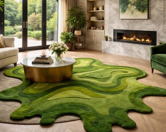 Irregular Shape Melting Abstract Wavy Green Moss Hand Tufted Designer Rug For Contemporary Statement Home Decor High And Low Pile