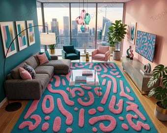 Teal & Pink Hand Tufted Abstract Squiggle Wool Rug – Colorful Dopamine Style Living Room Maximalist Area Rug, Mid-Century Decor