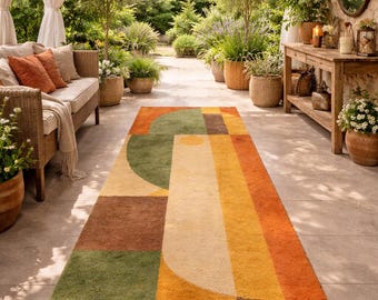 Geometric Hand Tufted Runner Rug – Modern Abstract Wool Hallway Rug, Boho Scandinavian Entryway Carpet