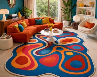 Colorful Abstract Irregular Shape Hand Tufted Rug, Psychedelic Funky Swirl Modern Art Statement rug for Living Room, Vibrant Wavy Lines