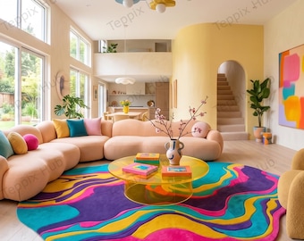 Colorful Abstract Hand Tufted Rug, Psychedelic Funky Swirl Irregular Shape Statement rug for Living Room, Bedroom, Dopamine Decor