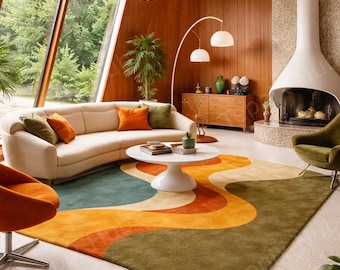 Retro Mid-Century Modern Abstract Wavy Area Wool Hand-Tufted Plush Rug for Living Room | 70s Style, Warm Tones, Luxurious Textures