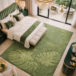 Hand tufted green leaf rug in modern American living room
Botanical wool area rug with raised leaf design