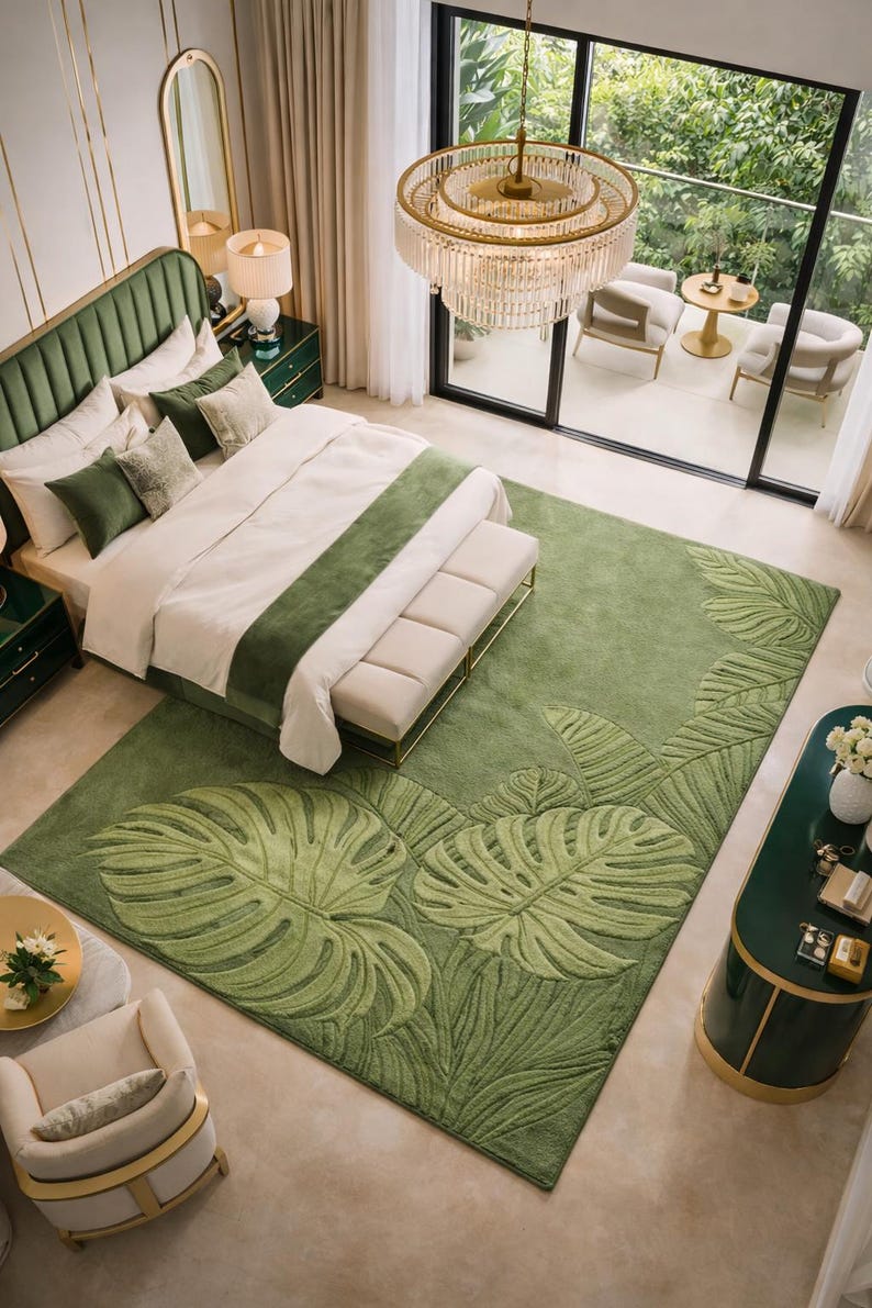 Hand tufted green leaf rug in modern American living room
Botanical wool area rug with raised leaf design