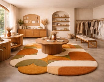 Retro Mid-Century Geometric Modern Rug – Abstract Green & Burnt Orange Hand-Tufted Carpet Vintage Style decor