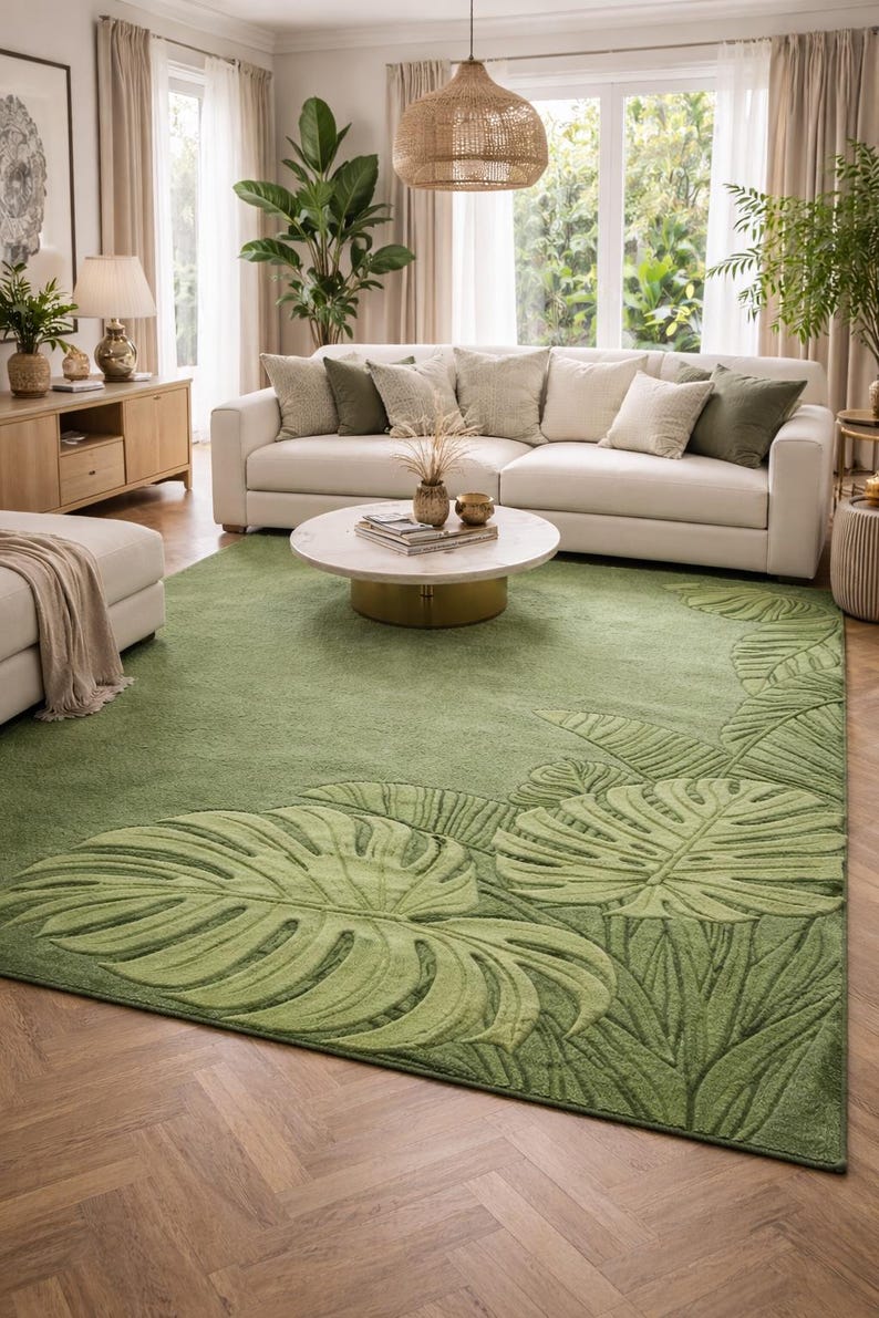 Soft wool leaf rug with modern minimalist decor
Designer botanical rug perfect for US homes