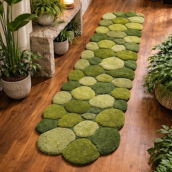 Moss Green Pebble Runner Rug – Sculpted Organic Stone Path Luxury Green  Hand-Tufted Wool Area Carpet, Biophilic Design