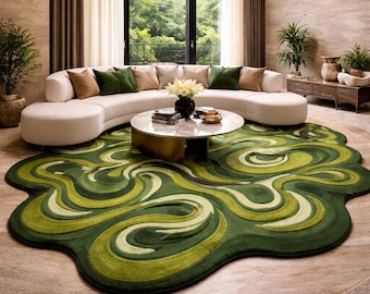 Modern Sculpted Textured Abstract Irregular Shape Wave Green Moss Hand-Tufted Rug- Contemporary Statement Teppich