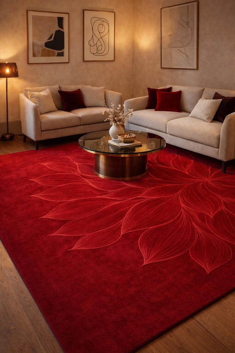 Modern Red Floral Embossed Designed Hand Tufted Wool Area Rug – Living ...