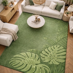 Large green botanical rug for living room interior
Custom size hand tufted area rug in premium interior