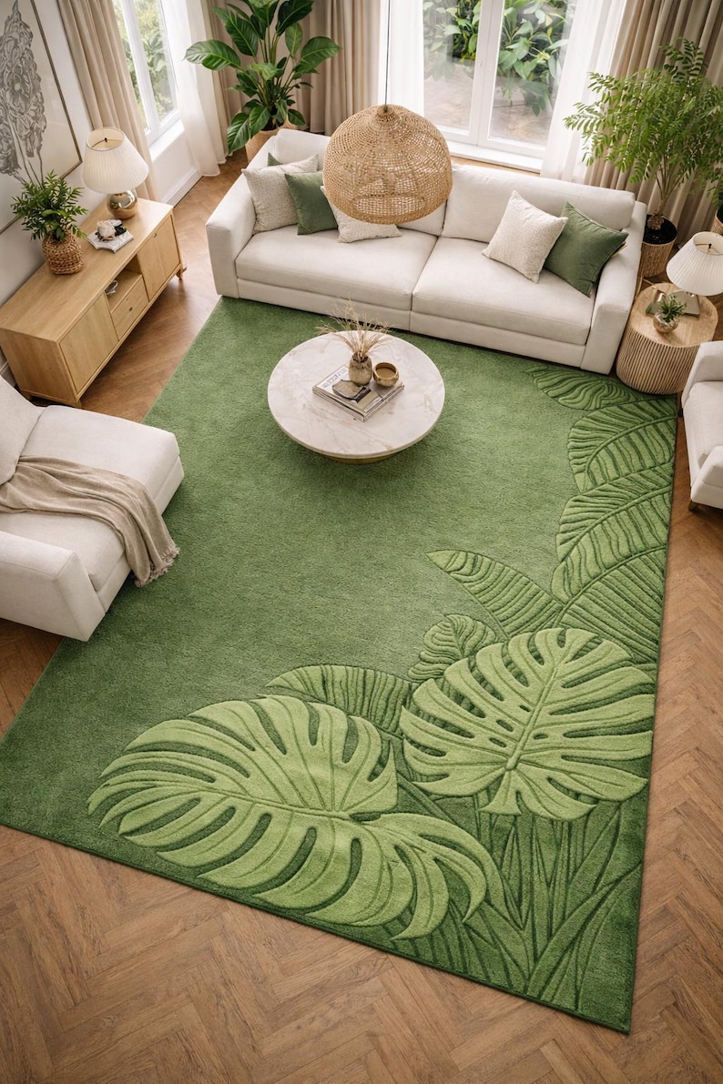 Large green botanical rug for living room interior
Custom size hand tufted area rug in premium interior