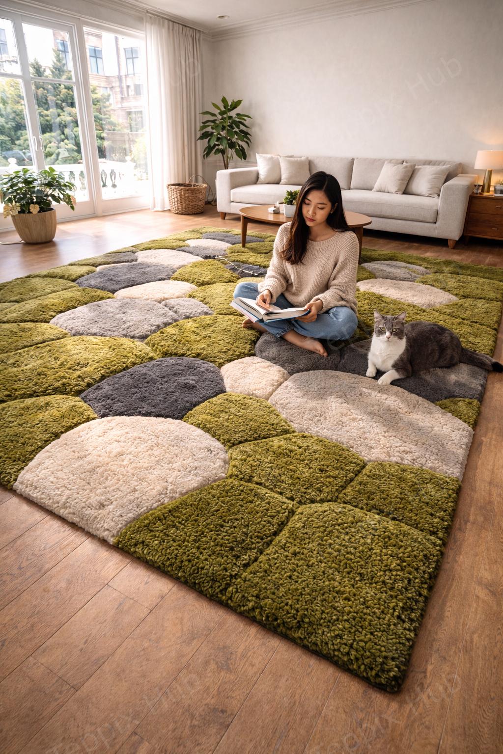 Hand Tufted Moss Pebble Rug, Sculpted Organic Stone Path Luxury Green ...