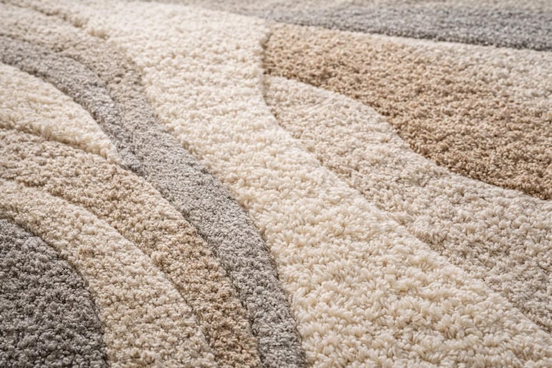 Subtle Tonal Pattern Rugs Modern Subtle Earth Tones Wave Round Rug– Cream Beige Artistic Pastel ...