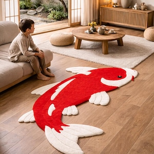Pode incluir: Um tapete vermelho e branco em forma de carpa koi. O tapete tem a forma de um peixe koi, com um corpo vermelho e detalhes brancos nas barbatanas e na cabeça. O tapete mede aproximadamente 152 cm de comprimento.