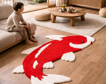 Handmade Red Koi Fish Wool Rug – Modern Japandi Home Accent
