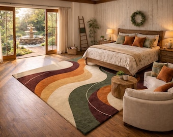 Abstract Wavy Earth Tone Mid Century Retro Hand Tufted Area Rug, Modern Boho Farmhouse
