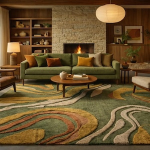 May include: A living room scene featuring a green sofa, wooden armchairs, and a patterned rug. A fireplace with a burning fire is in the background. The room is decorated with warm colours and natural materials.