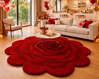 Alfombra con forma de rosa: alfombra 3D roja con mechones hechos a mano, ideal como regalo para la sala de estar o para San Valentín.