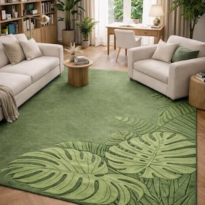 Luxury green tropical rug for living room decor
Nature inspired modern area rug with sculpted texture