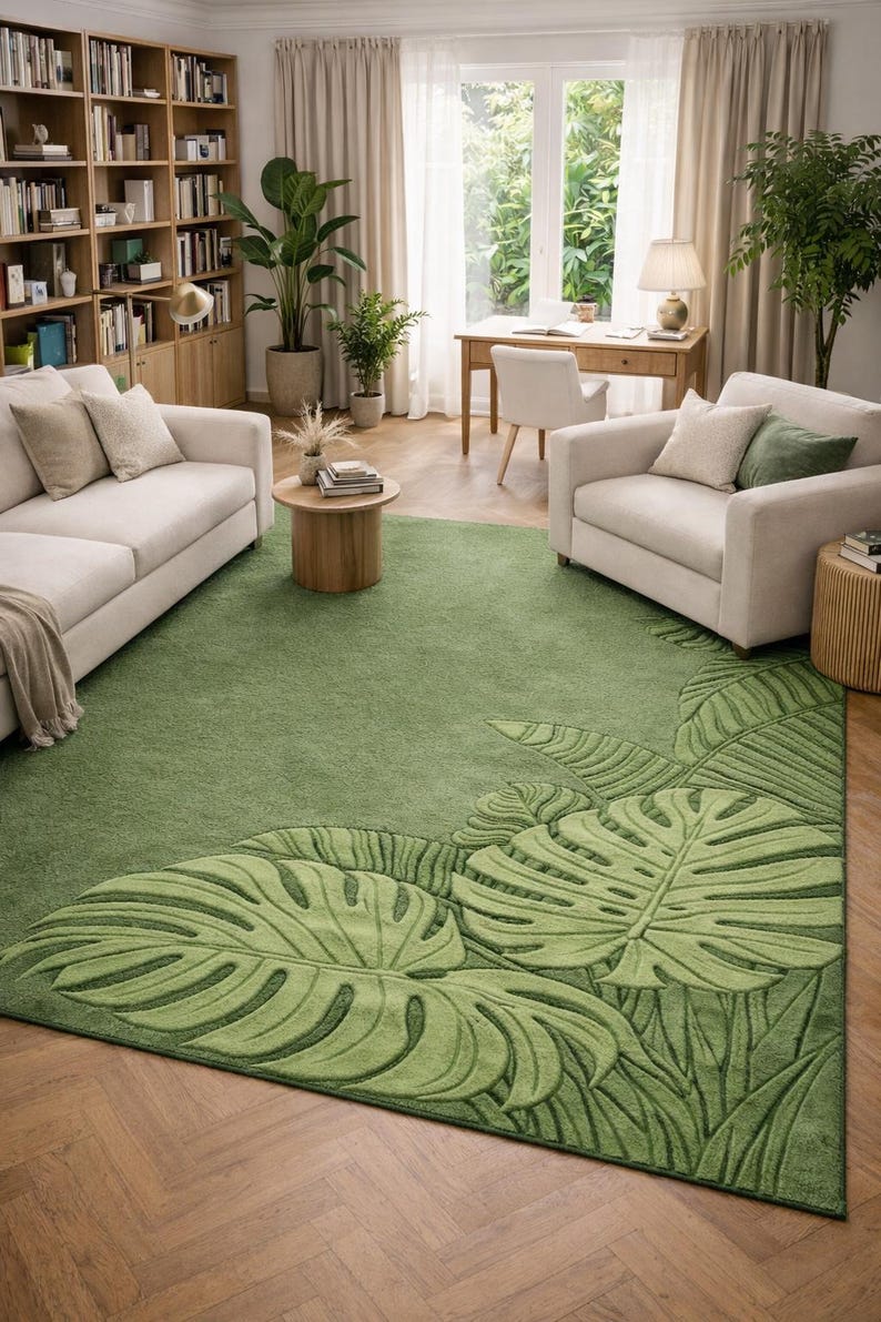 Luxury green tropical rug for living room decor
Nature inspired modern area rug with sculpted texture
