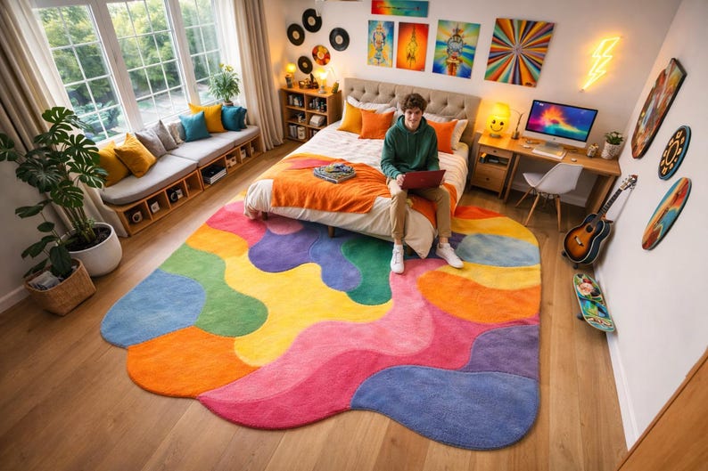 Luxury handmade wool rug with sculpted high-low pile detail