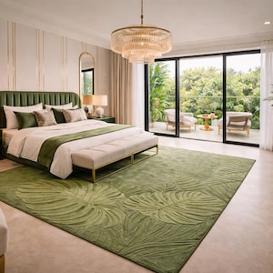 Luxury hand tufted wool rug with tropical leaf design
Nature inspired green rug for contemporary home decor
Eco friendly handmade wool rug with sculpted pattern