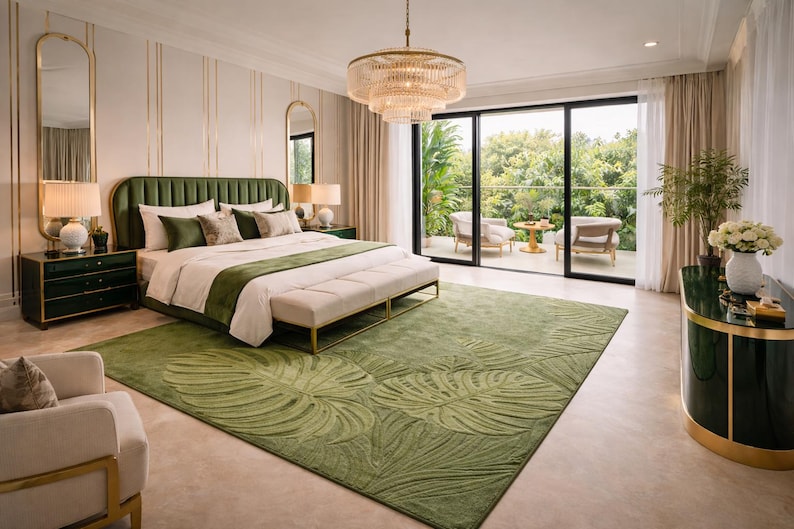 Luxury hand tufted wool rug with tropical leaf design
Nature inspired green rug for contemporary home decor
Eco friendly handmade wool rug with sculpted pattern