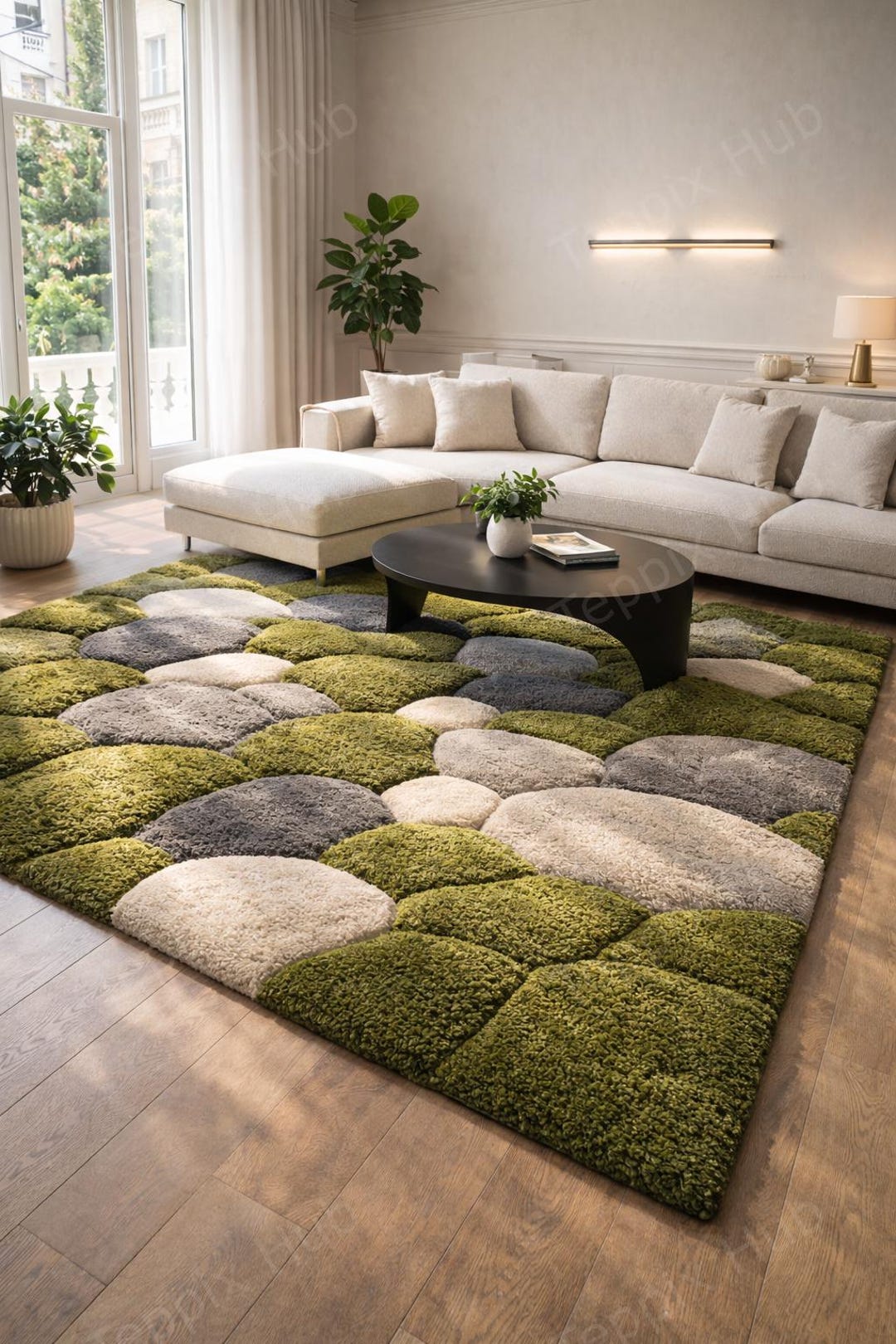 Hand Tufted Moss Pebble Rug, Sculpted Organic Stone Path Luxury Green ...
