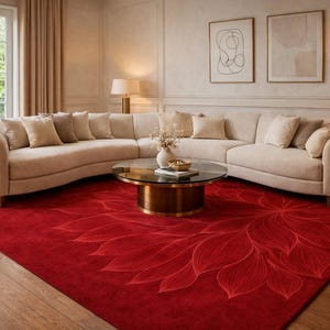 Op de afbeelding: Een groot rechthoekig vloerkleed in een dieprode kleur met een opvallend, lichter rood bloembladpatroon dat vanuit een hoek uitstraalt. Het kleed ligt op een houten vloer onder een gebogen beige bank en een ronde glazen salontafel.