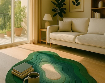 Hand-Tufted Irregular Abstract Colorful Wavy Sculptural Wool Design  Rug: Mid-Century Modern Decor