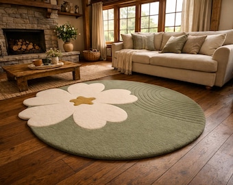 Sage Flower Circle-Round Rug– Hand-Tufted Cozy Wool Rug for Rustic Bedroom- Rust, Green, Pink